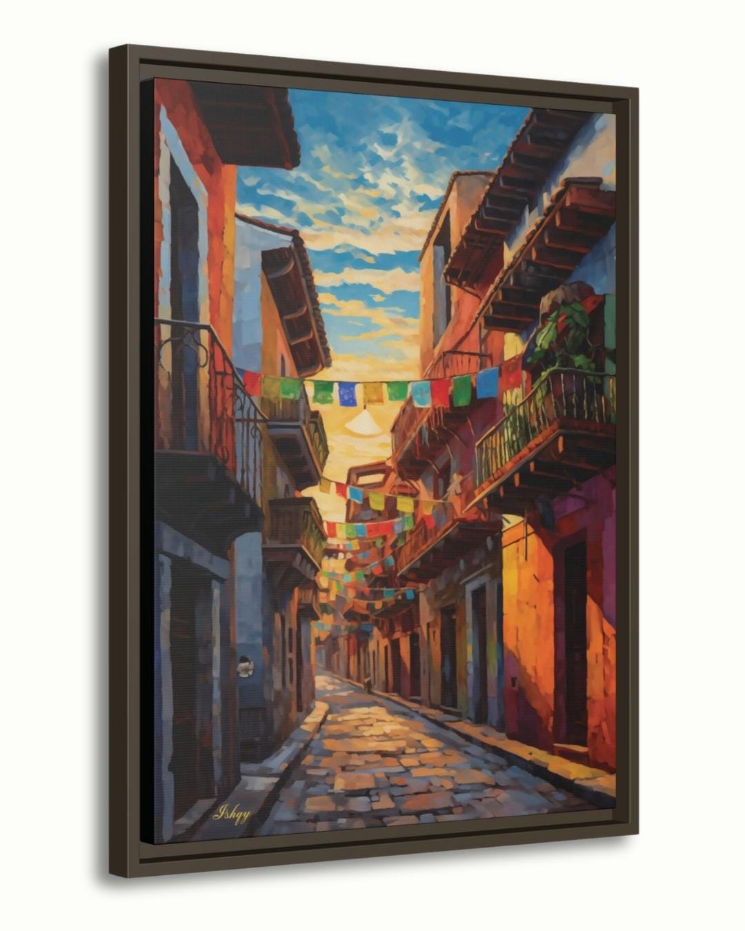Mexican Street Canvas Wall Art, Jalisco Architecture Painting Print, Colorful Framed Canvas, Mexico Wall Decor, Gift for Her, Art Print.Bring golden Mexican streets into your space with this vibrant Jalisco wall art print, glowing with colonial charm