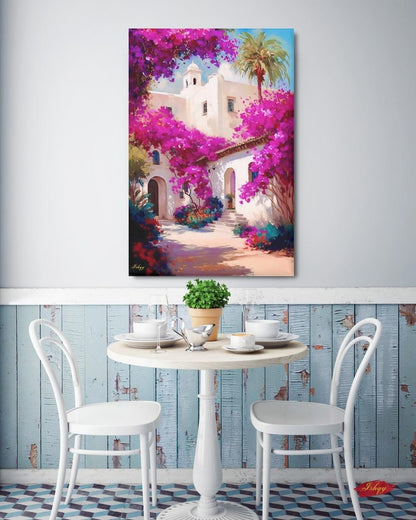 Bougainvillea Wall Art Print, Spanish Mission Canvas, Pink Floral Painting, Framed Canvas or Art Print, Vibrant Mexico Home Decor Gift. Bring warmth and color home with this Mexican courtyard wall art print. Casa Bugambilia features vibrant bougainvi