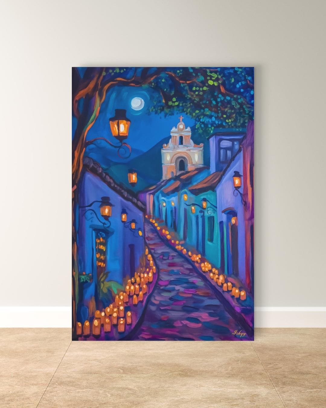 Día de los Muertos Wall Art, Mexican Alley Candle Painting, Framed Canvas or Art Print, Day of the Dead Decor, Latin Culture Home Gift.&nbsp;Celebrate the spirit of Día de los Muertos with this glowing candlelit Mexican street scene. Luz de los Muert