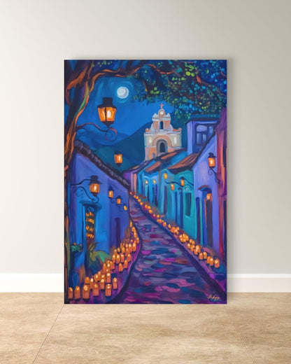 Día de los Muertos Wall Art, Mexican Alley Candle Painting, Framed Canvas or Art Print, Day of the Dead Decor, Latin Culture Home Gift.&nbsp;Celebrate the spirit of Día de los Muertos with this glowing candlelit Mexican street scene. Luz de los Muert