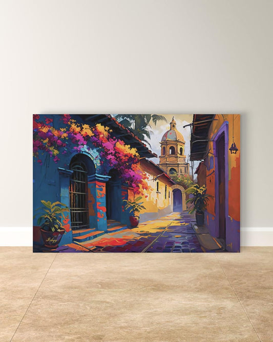 Mexican Street Wall Art, Colorful Latin Alley Painting Print, Cartagena Colonial Canvas, Framed Art Print, Cultural Home Decor Gift. Celebrate the bold beauty of Oaxaca with this radiant, colorful street scene. Oaxaca Vibrante captures light, life, a