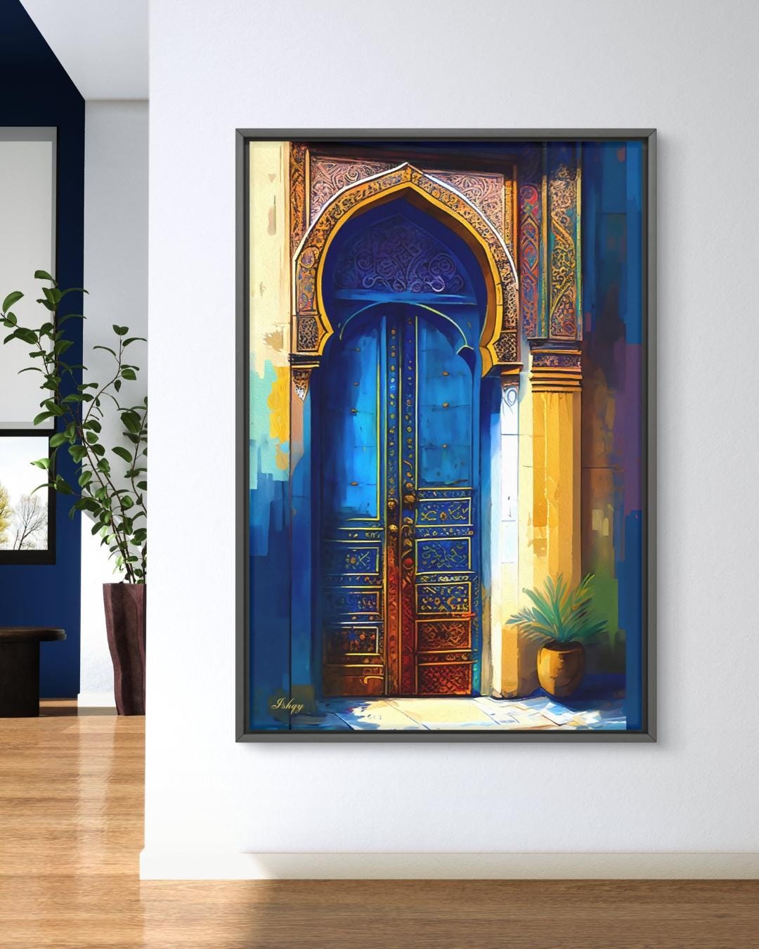 Moroccan Wall Art, Blue Door Canvas Print, Islamic Architecture Painting, Exotic Home Decor, Arabic Arch Artwork, Framed Canvas Gift.&nbsp;Islamic blue and gold archway art print. Canvas and framed canvas decor inspired by Middle Eastern architecture