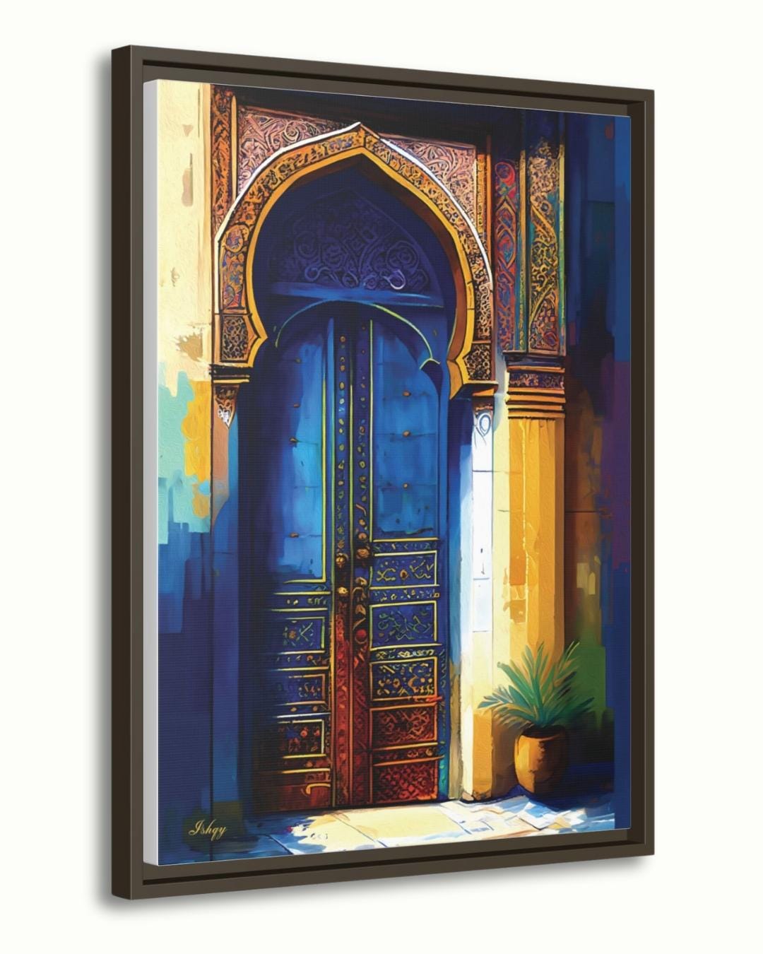 Moroccan Wall Art, Blue Door Canvas Print, Islamic Architecture Painting, Exotic Home Decor, Arabic Arch Artwork, Framed Canvas Gift.&nbsp;Islamic blue and gold archway art print. Canvas and framed canvas decor inspired by Middle Eastern architecture