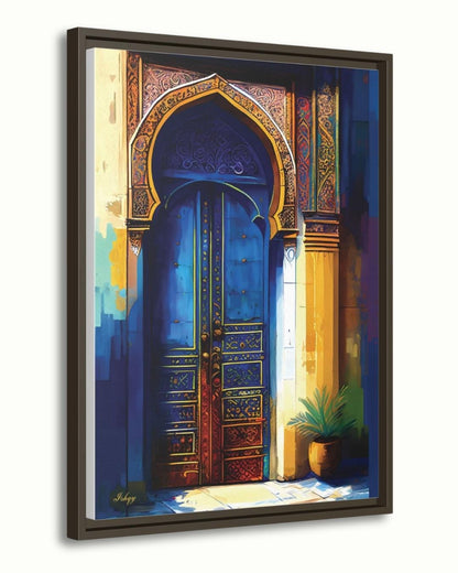 Moroccan Wall Art, Blue Door Canvas Print, Islamic Architecture Painting, Exotic Home Decor, Arabic Arch Artwork, Framed Canvas Gift.&nbsp;Islamic blue and gold archway art print. Canvas and framed canvas decor inspired by Middle Eastern architecture
