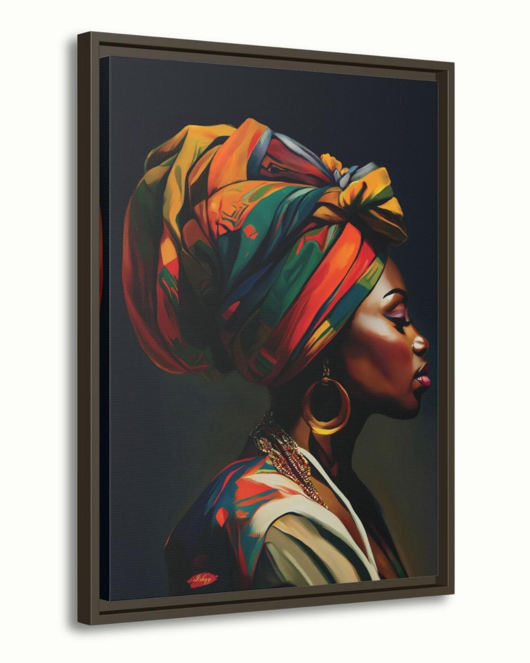 African Woman Wall Art Print, Vibrant Headwrap Canvas, Cultural Home Decor, Framed African Portrait, Black Woman Art, Tribal Wall Decor

Celebrate culture and elegance with this striking African woman canvas print, featuring a colorful headwrap and powerful profile. This artwork brings warmth, identity, and sophistication to your walls — perfect as home decor or a meaningful gift. Ideal for living rooms, bedrooms, or offices.