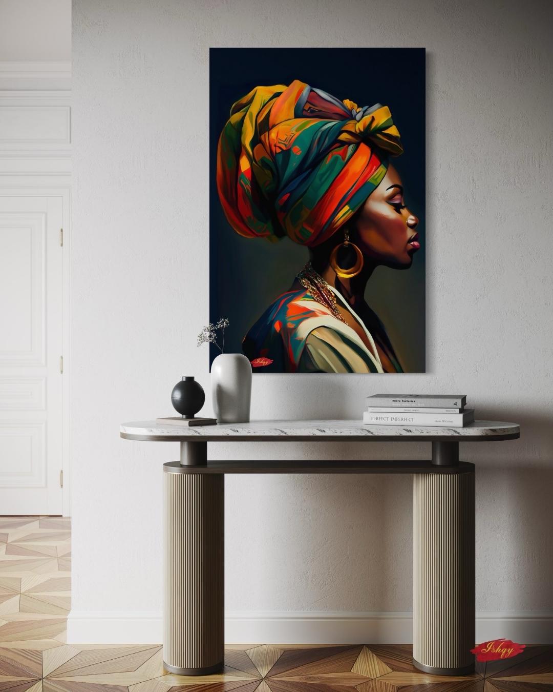 African Woman Wall Art Print, Vibrant Headwrap Canvas, Cultural Home Decor, Framed African Portrait, Black Woman Art, Tribal Wall Decor

Celebrate culture and elegance with this striking African woman canvas print, featuring a colorful headwrap and powerful profile. This artwork brings warmth, identity, and sophistication to your walls — perfect as home decor or a meaningful gift. Ideal for living rooms, bedrooms, or offices.