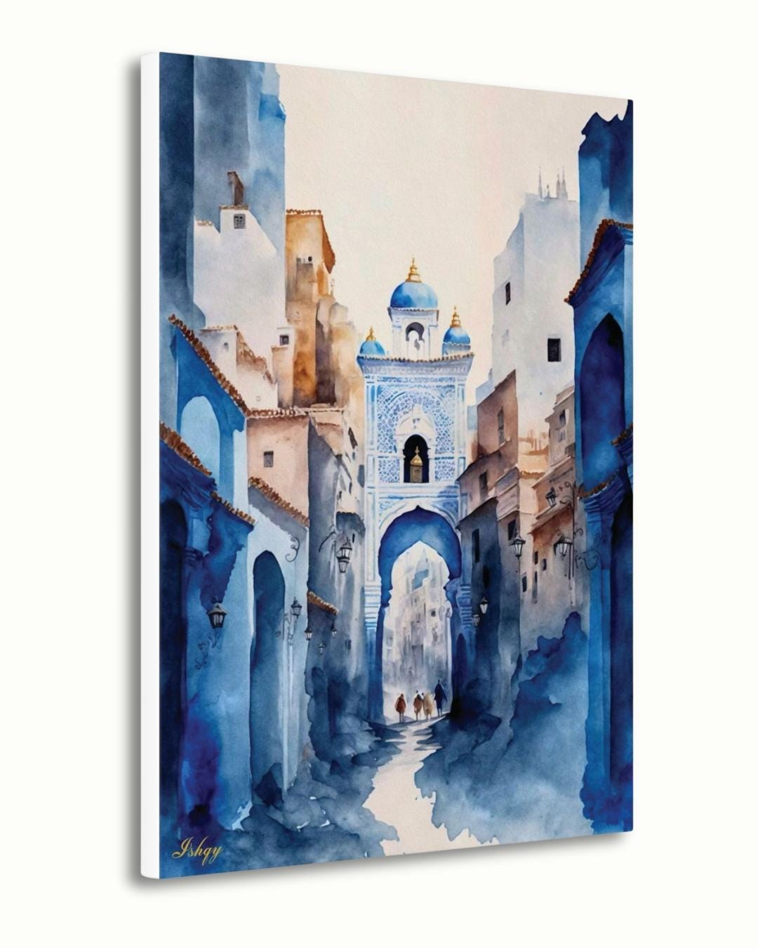 Chefchaouen Wall Art, Blue City Morocco Print, Moroccan Street Painting, Framed Canvas, Watercolor Travel Decor, Islamic Architecture Art. Watercolor Moroccan street scene in Chefchaouen. Blue city canvas or framed canvas wall art for calm, boho, or