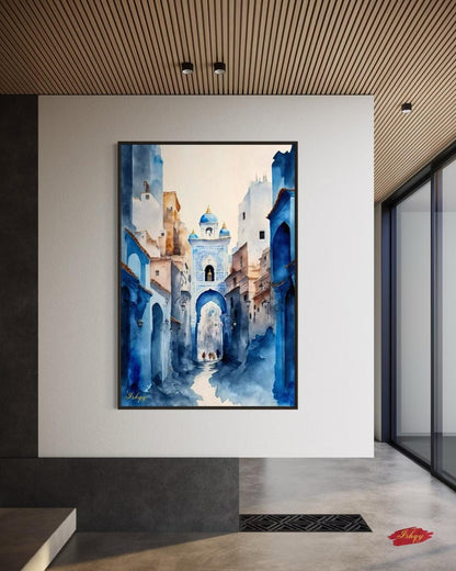 Chefchaouen Wall Art, Blue City Morocco Print, Moroccan Street Painting, Framed Canvas, Watercolor Travel Decor, Islamic Architecture Art. Watercolor Moroccan street scene in Chefchaouen. Blue city canvas or framed canvas wall art for calm, boho, or