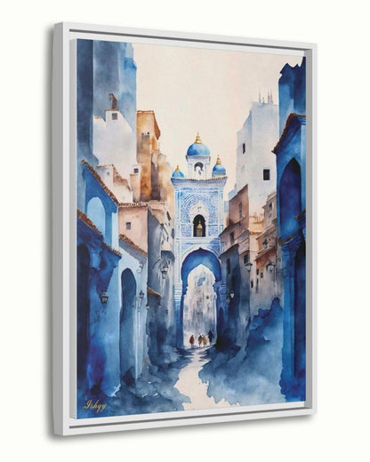 Chefchaouen Wall Art, Blue City Morocco Print, Moroccan Street Painting, Framed Canvas, Watercolor Travel Decor, Islamic Architecture Art. Watercolor Moroccan street scene in Chefchaouen. Blue city canvas or framed canvas wall art for calm, boho, or