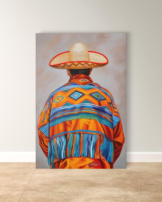 Mexican Wall Art, Charro Painting Print, Sombrero Man Art, Cultural Canvas, Framed Mexican Decor, Fiesta Wall Art, Traditional Mexico Print. Traditional Mexican art print from Jalisco. Vibrant sombrero and poncho wall decor in canvas or framed canvas