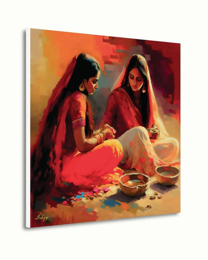 Indian Women Wall Art, Desi Kitchen Painting, Rural India Canvas, Framed Indian Print, Cultural Home Decor, Ethnic Wall Art, Desi Poster.&nbsp;This soulful Indian artwork captures two women in a quiet moment of tradition with color and clay. Availabl