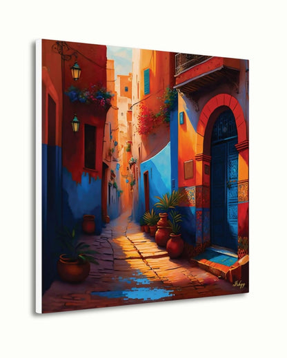 Moroccan Alley Wall Art, Colorful Marrakech Street Canvas, Exotic Travel Framed Print, Vibrant Medina Doorway, Cultural Art Print Decor. Moroccan alley canvas print with vibrant colors and cultural detail. Bring the warmth and charm of Marrakech into