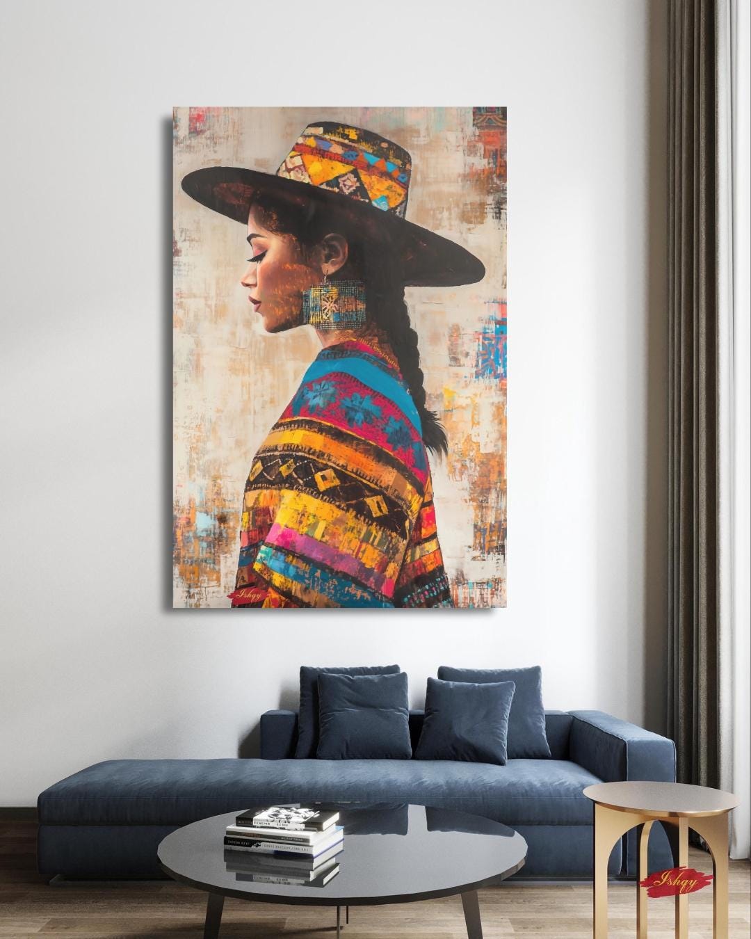 Salvadoran Woman Wall Art, Latin American Portrait Canvas, Cultural Framed Print, Indigenous Textile Art, Central America Home Decor. Colorful Salvadoran woman portrait canvas with cultural textile details and bold texture. Celebrate heritage an