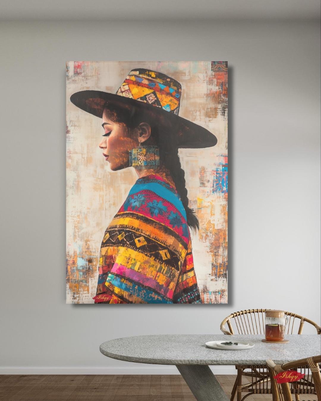 Salvadoran Woman Wall Art, Latin American Portrait Canvas, Cultural Framed Print, Indigenous Textile Art, Central America Home Decor. Colorful Salvadoran woman portrait canvas with cultural textile details and bold texture. Celebrate heritage an
