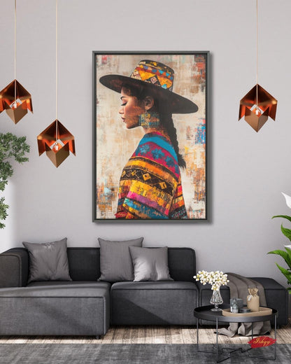 Salvadoran Woman Wall Art, Latin American Portrait Canvas, Cultural Framed Print, Indigenous Textile Art, Central America Home Decor. Colorful Salvadoran woman portrait canvas with cultural textile details and bold texture. Celebrate heritage an