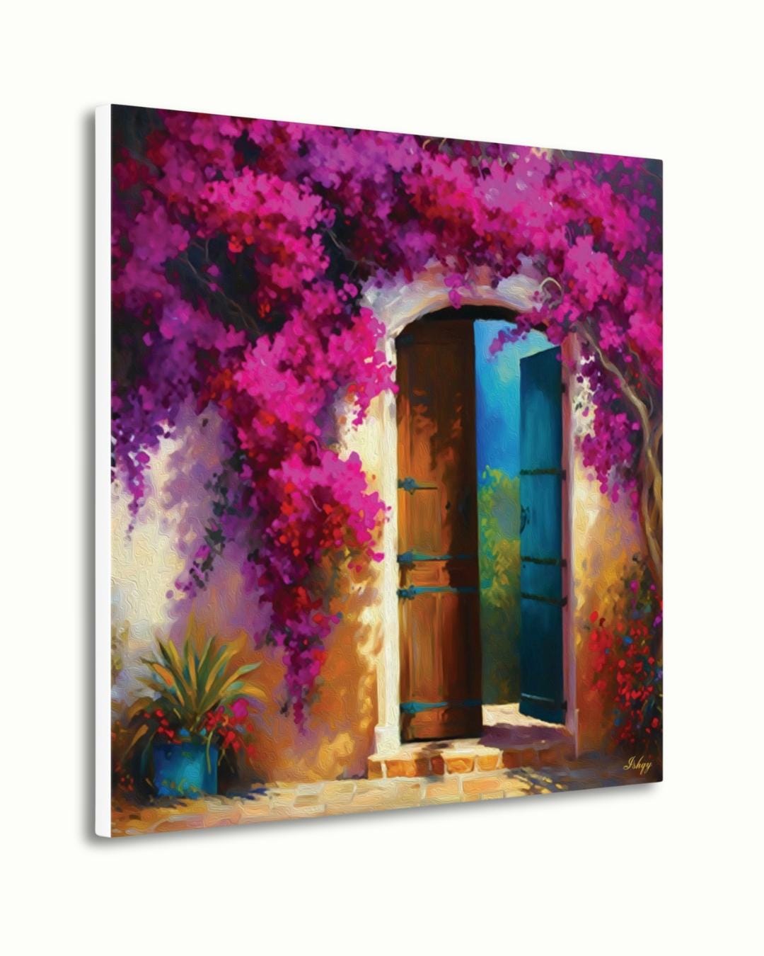 Colorful Door Wall Art, Colombian Home Canvas - Bougainvillea Floral Painting Print, Rustic Tropical Decor, Vibrant Latin American Print