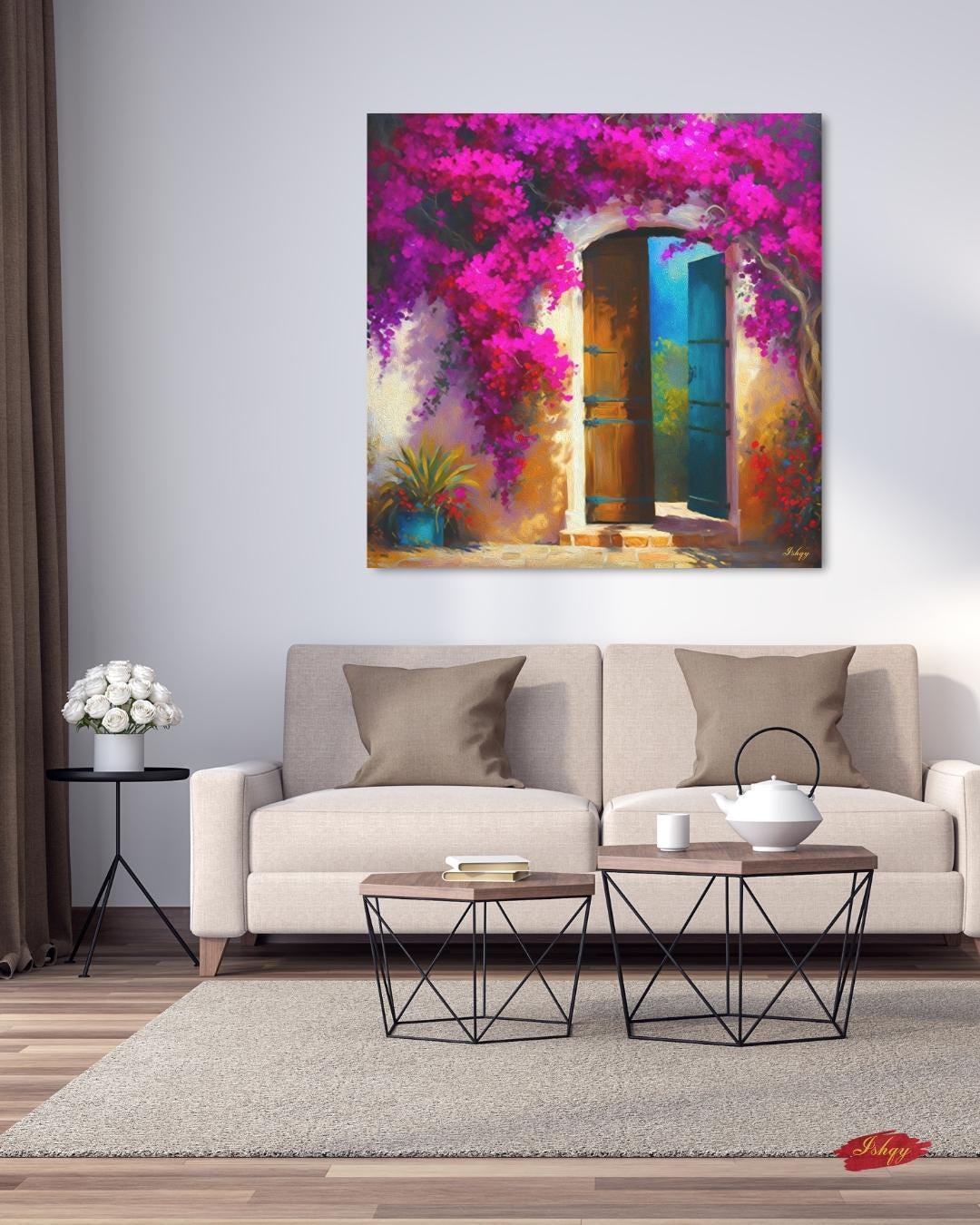 Colorful Door Wall Art, Colombian Home Canvas - Bougainvillea Floral Painting Print, Rustic Tropical Decor, Vibrant Latin American Print