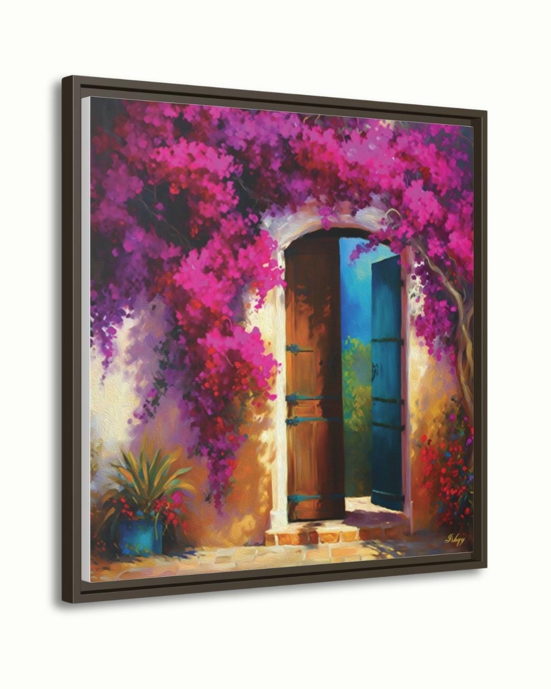 Colorful Door Wall Art, Colombian Home Canvas - Bougainvillea Floral Painting Print, Rustic Tropical Decor, Vibrant Latin American Print