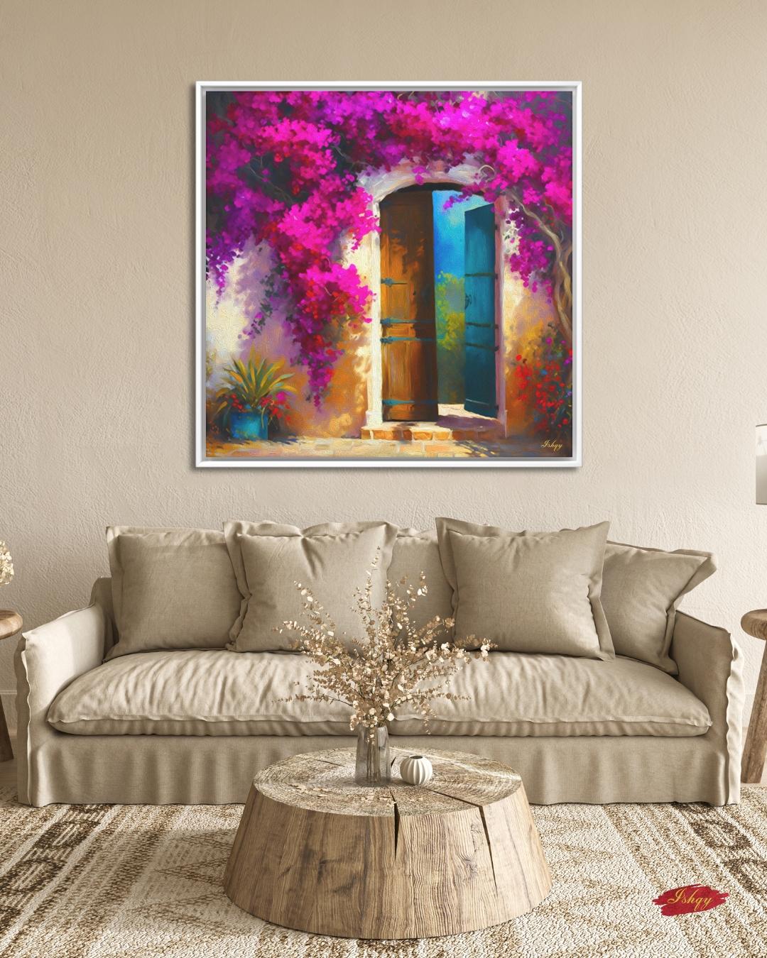 Colorful Door Wall Art, Colombian Home Canvas - Bougainvillea Floral Painting Print, Rustic Tropical Decor, Vibrant Latin American Print