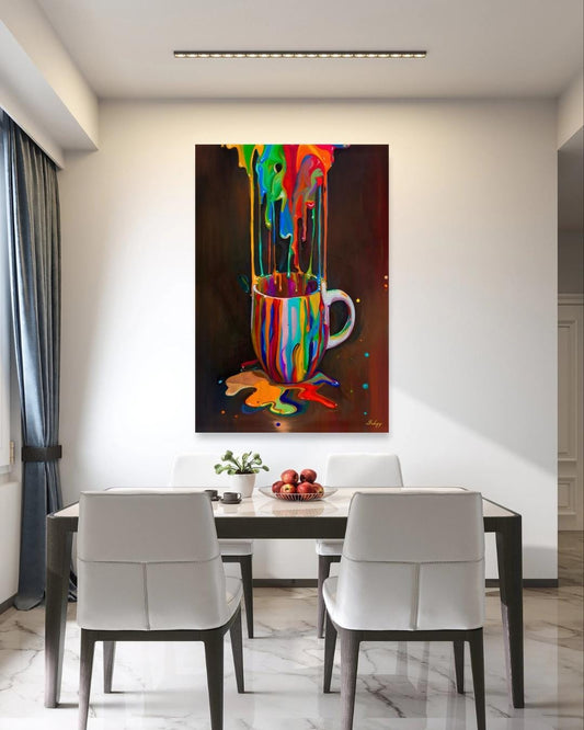 Rainbow Coffee Mug Wall Art, Color Drip Canvas Painting, Bold Kitchen Decor, Modern Colorful Art Print, Coffee Lover Gift, Cafe Wall Art.&nbsp;Color Cascade wall art featuring a rainbow paint-splashed coffee mug. A vibrant, surreal pop of color perfe
