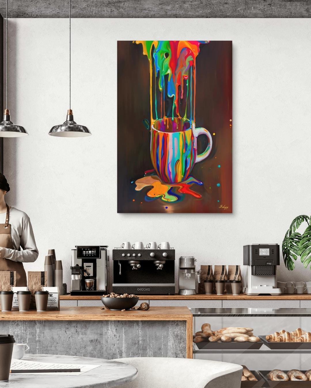 Rainbow Coffee Mug Wall Art, Color Drip Canvas Painting, Bold Kitchen Decor, Modern Colorful Art Print, Coffee Lover Gift, Cafe Wall Art.&nbsp;Color Cascade wall art featuring a rainbow paint-splashed coffee mug. A vibrant, surreal pop of color perfe