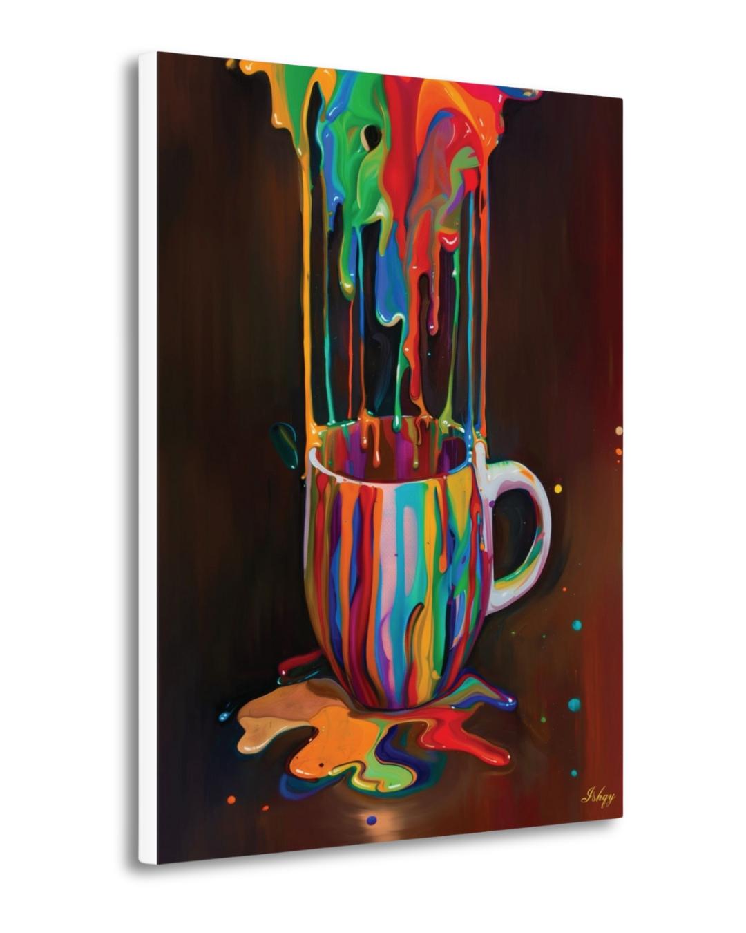Rainbow Coffee Mug Wall Art, Color Drip Canvas Painting, Bold Kitchen Decor, Modern Colorful Art Print, Coffee Lover Gift, Cafe Wall Art.&nbsp;Color Cascade wall art featuring a rainbow paint-splashed coffee mug. A vibrant, surreal pop of color perfe