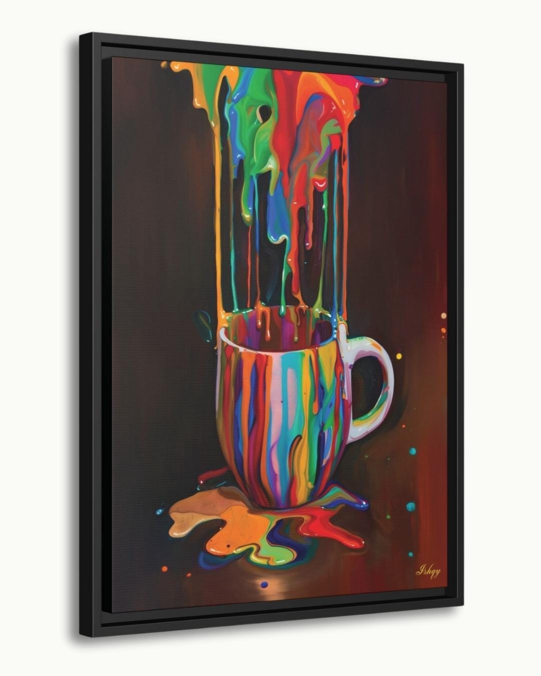 Rainbow Coffee Mug Wall Art, Color Drip Canvas Painting, Bold Kitchen Decor, Modern Colorful Art Print, Coffee Lover Gift, Cafe Wall Art.&nbsp;Color Cascade wall art featuring a rainbow paint-splashed coffee mug. A vibrant, surreal pop of color perfe