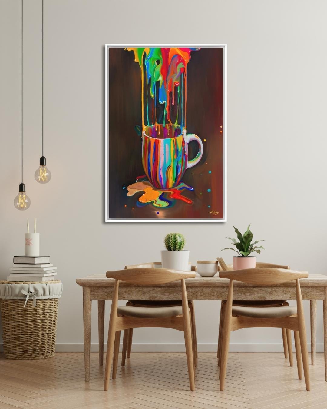 Rainbow Coffee Mug Wall Art, Color Drip Canvas Painting, Bold Kitchen Decor, Modern Colorful Art Print, Coffee Lover Gift, Cafe Wall Art.&nbsp;Color Cascade wall art featuring a rainbow paint-splashed coffee mug. A vibrant, surreal pop of color perfe