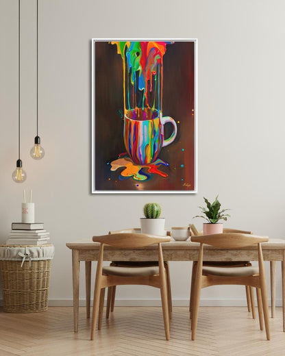 Rainbow Coffee Mug Wall Art, Color Drip Canvas Painting, Bold Kitchen Decor, Modern Colorful Art Print, Coffee Lover Gift, Cafe Wall Art.&nbsp;Color Cascade wall art featuring a rainbow paint-splashed coffee mug. A vibrant, surreal pop of color perfe
