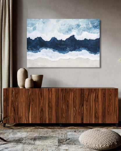 Ocean Wave Wall Art Print, Abstract Coastal Canvas Painting, Blue Sea Horizontal Art, Beach House Decor, Nautical Wall Art for Bedroom.&nbsp;Saltwater seascape wall art in blue and white tones. A modern abstract ocean canvas for coastal homes and bea