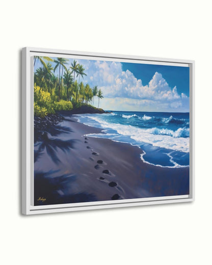 Hawaii Beach Wall Art Print, Punaluʻu Black Sand Coastal Painting, Ocean Canvas Decor, Tropical Palm Tree Wall Art for Living Room. Punalu‘u Beach art print with black sand, blue waves, and palm trees. A vibrant Hawaii canvas for tropical, coastal, o