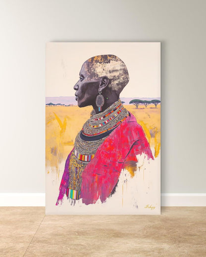 African Wall Art Maasai Elder Canvas Print, Tribal Woman Wall Decor, Kenya Portrait Painting, Cultural African Art for Living Room.&nbsp;Maasai woman portrait art print with bold beadwork and savannah backdrop. Powerful African canvas art for cultura