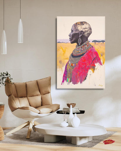 African Wall Art Maasai Elder Canvas Print, Tribal Woman Wall Decor, Kenya Portrait Painting, Cultural African Art for Living Room.&nbsp;Maasai woman portrait art print with bold beadwork and savannah backdrop. Powerful African canvas art for cultura
