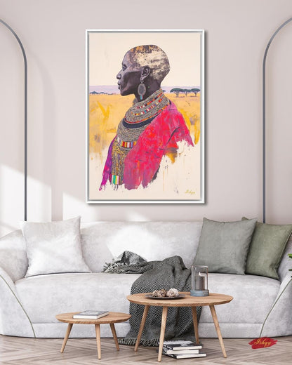 African Wall Art Maasai Elder Canvas Print, Tribal Woman Wall Decor, Kenya Portrait Painting, Cultural African Art for Living Room.&nbsp;Maasai woman portrait art print with bold beadwork and savannah backdrop. Powerful African canvas art for cultura