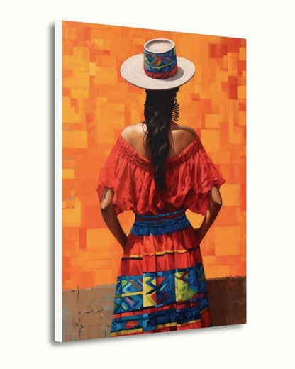 Colombian Woman Wall Art Print, Colorful Traditional Canvas, Boho Wall Decor, Framed Latin America Art, Andean Home Print Vibrant
Pasion Colombiana is a bold painting print of a Colombian woman in a vibrant traditional dress and hat, standing against a fiery orange backdrop. This striking wall art captures the spirited essence of Colombian culture and brings warmth, color, and