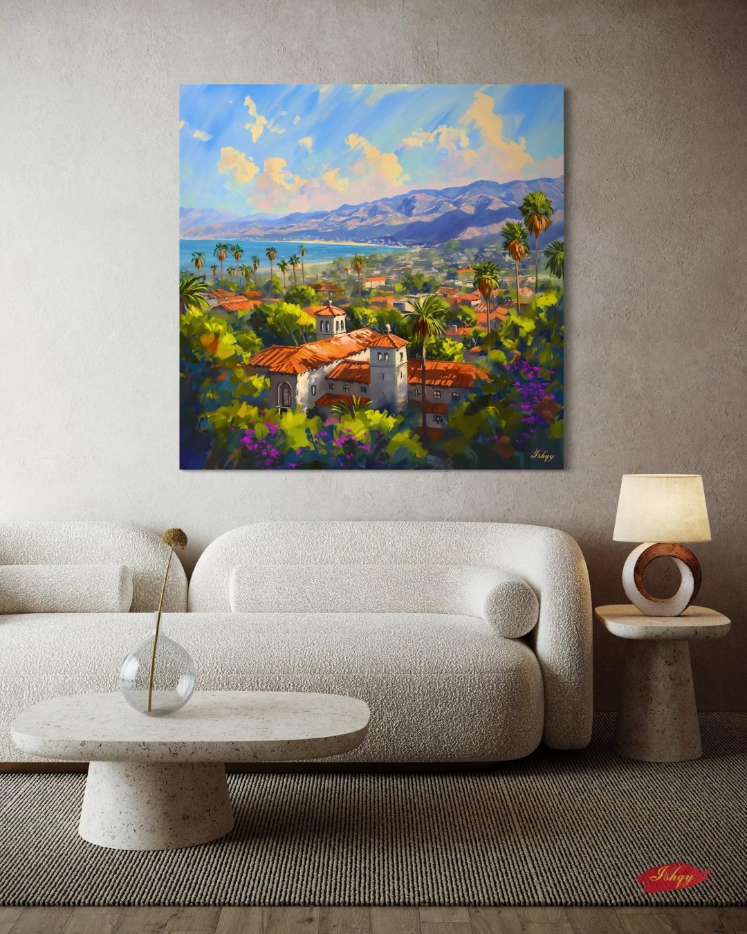 Santa Barbara Wall Art Print, California Coastal Canvas, Vibrant Seaside Wall Decor, Framed Travel Art, Mediterranean Home Print
Pacific Sol art print of sunny Santa Barbara, California with ocean views & red-tiled roofs. Canvas & framed canvas. Coastal California wall decor.