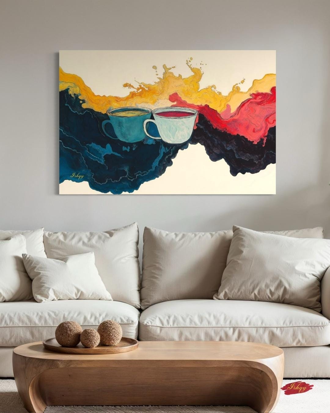 Coffee and Tea Abstract Wall Art Print, Colorful Mug Painting Canvas, Kitchen Drink Splash Home Decor, Framed Art for Coffee Bar
Liquid Dance art print with swirling coffee & tea abstract design. Canvas & framed canvas painting print for kitchen, cafe, or modern home decor.