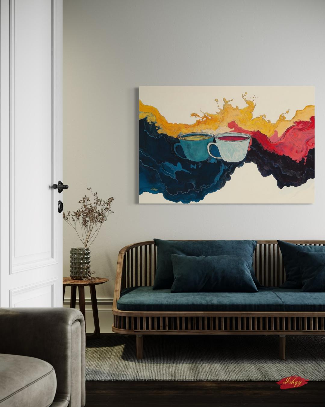 Coffee and Tea Abstract Wall Art Print, Colorful Mug Painting Canvas, Kitchen Drink Splash Home Decor, Framed Art for Coffee Bar
Liquid Dance art print with swirling coffee & tea abstract design. Canvas & framed canvas painting print for kitchen, cafe, or modern home decor.