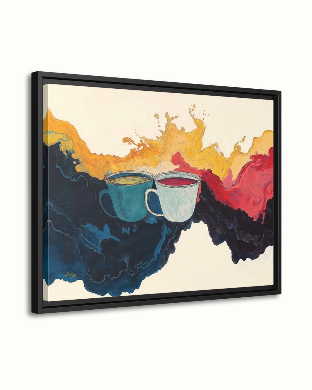 Coffee and Tea Abstract Wall Art Print, Colorful Mug Painting Canvas, Kitchen Drink Splash Home Decor, Framed Art for Coffee Bar
Liquid Dance art print with swirling coffee & tea abstract design. Canvas & framed canvas painting print for kitchen, cafe, or modern home decor.