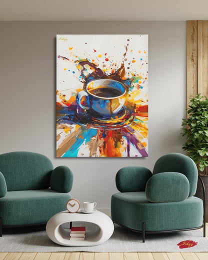 Coffee Wall Art Print, Abstract Colorful Coffee Cup Painting on Canvas, Modern Kitchen Art, Framed Home Café Decor for Coffee Lovers