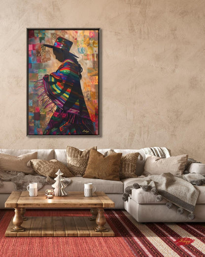 Peruvian Woman Wall Art Print, Andean Textile Silhouette Canvas, Colorful South American Cultural Home Decor, Framed Boho Wall Accent