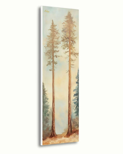 Twin Pines art print of two elegant forest trees under a soft sky. Canvas & framed canvas painting print, perfect for calm, nature-inspired home decor.
