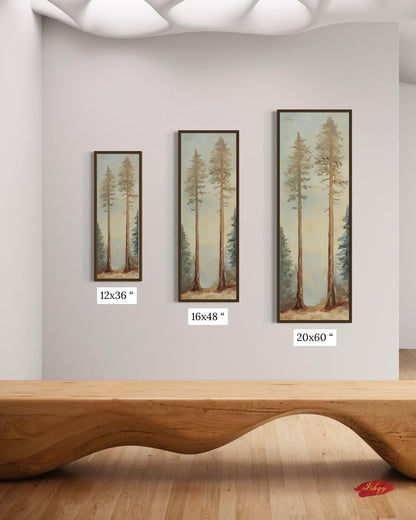 Twin Pines art print of two elegant forest trees under a soft sky. Canvas & framed canvas painting print, perfect for calm, nature-inspired home decor.