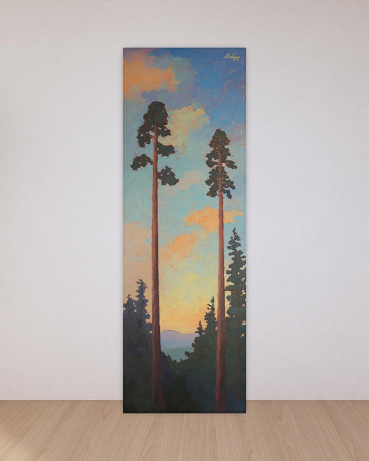 Sunset Pine Tree Wall Art, Tall Forest Canvas Print, Nature Landscape Painting, Framed Woodland Decor, Rustic Tree Art Print. Towering Tranquility art print featuring tall pines at dusk with a serene sky. Canvas & framed canvas painting print for cal