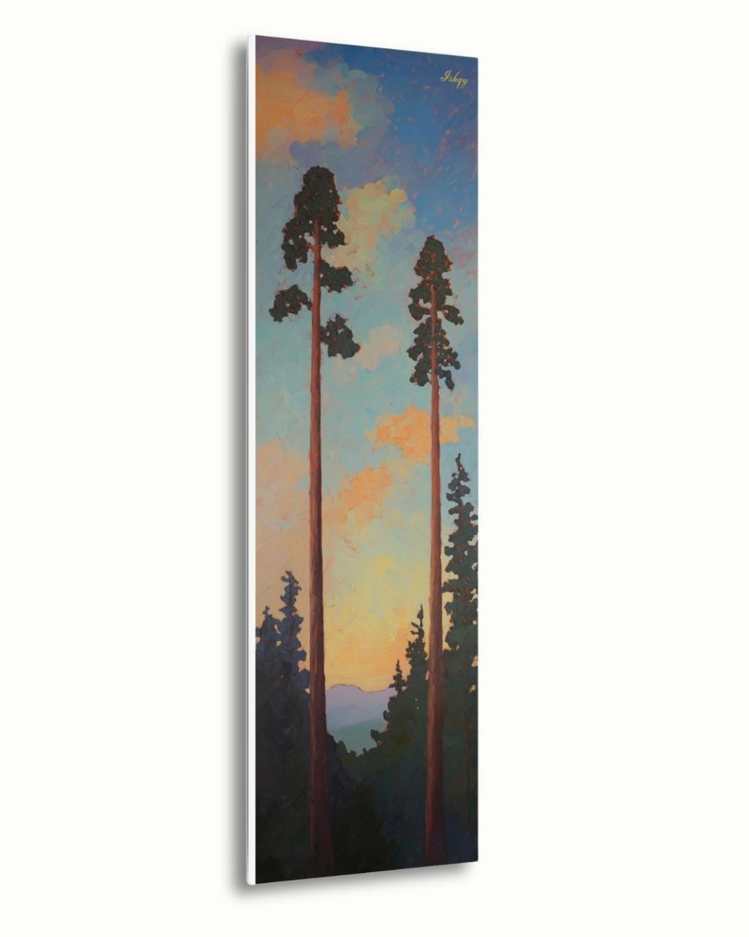 Sunset Pine Tree Wall Art, Tall Forest Canvas Print, Nature Landscape Painting, Framed Woodland Decor, Rustic Tree Art Print. Towering Tranquility art print featuring tall pines at dusk with a serene sky. Canvas & framed canvas painting print for cal