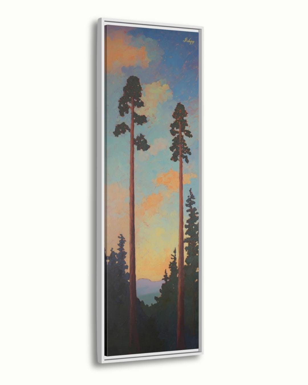 Sunset Pine Tree Wall Art, Tall Forest Canvas Print, Nature Landscape Painting, Framed Woodland Decor, Rustic Tree Art Print. Towering Tranquility art print featuring tall pines at dusk with a serene sky. Canvas & framed canvas painting print for cal
