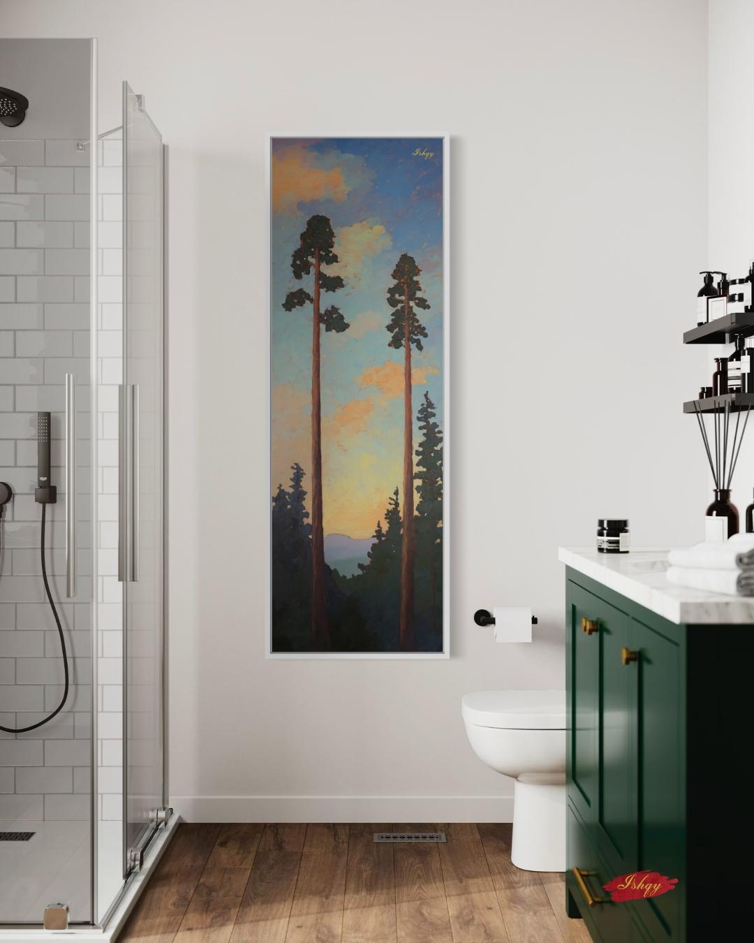 Sunset Pine Tree Wall Art, Tall Forest Canvas Print, Nature Landscape Painting, Framed Woodland Decor, Rustic Tree Art Print. Towering Tranquility art print featuring tall pines at dusk with a serene sky. Canvas & framed canvas painting print for cal