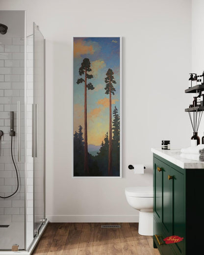 Sunset Pine Tree Wall Art, Tall Forest Canvas Print, Nature Landscape Painting, Framed Woodland Decor, Rustic Tree Art Print. Towering Tranquility art print featuring tall pines at dusk with a serene sky. Canvas & framed canvas painting print for cal