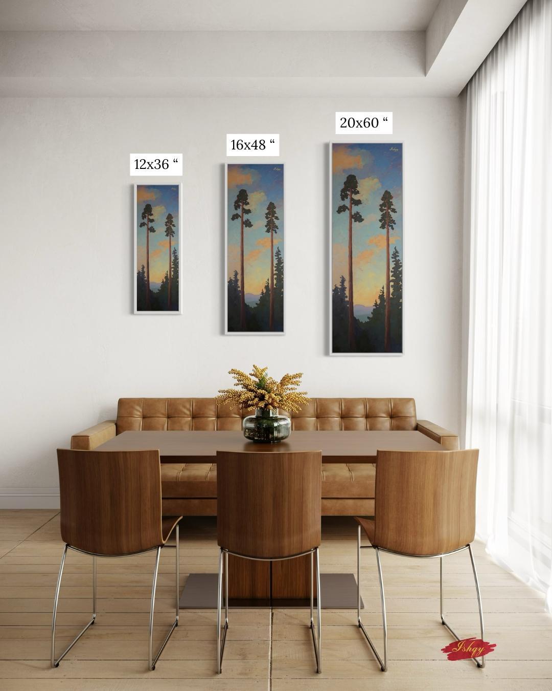 Sunset Pine Tree Wall Art, Tall Forest Canvas Print, Nature Landscape Painting, Framed Woodland Decor, Rustic Tree Art Print. Towering Tranquility art print featuring tall pines at dusk with a serene sky. Canvas & framed canvas painting print for cal