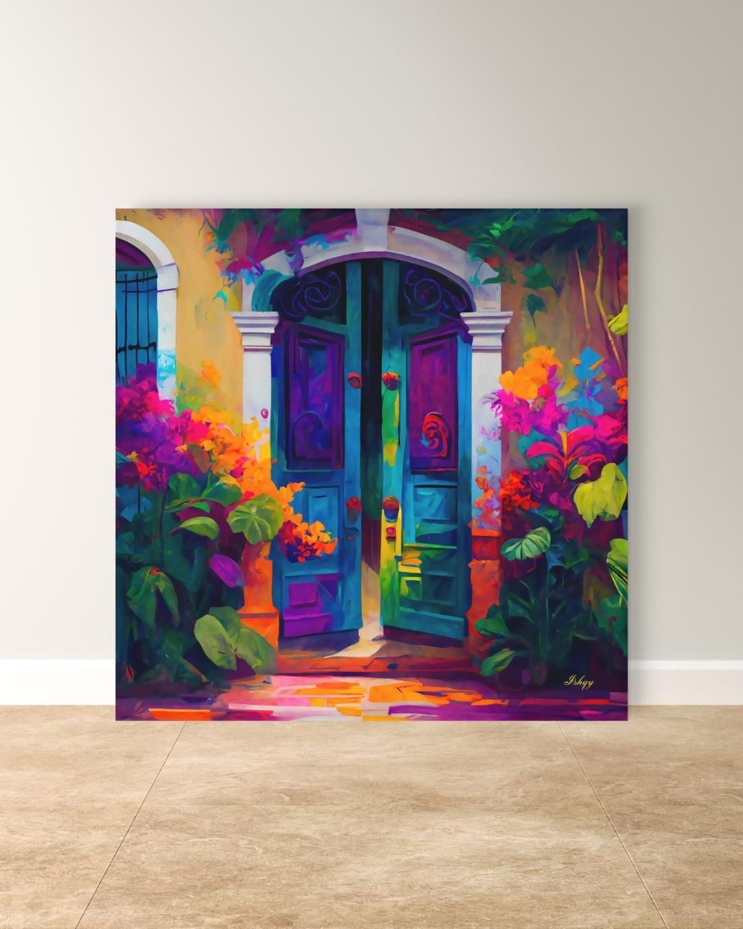 Umbral Florido | Vibrant Mexican Doorway Wall Art Print | IshqyBusiness. Bougainvillea Door art print of a vibrant Mexican doorway with lush flowers. Canvas & framed canvas painting print for joyful, colorful home wall decor.